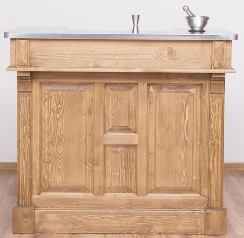 Casa Padrino Landhausstil Theke Naturfarben / Silber 120 x 65 x H. 107 cm - Massivholz Thekentisch mit verzinkter Tischplatte - Barm�bel im Landhausstil