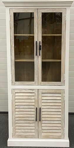 Casa Padrino Landhausstil Vitrine Wei� / Naturfarben 92 x 46 x H. 198 cm - Vitrinenschrank mit 2 Glast�ren und 2 Lamellent�ren