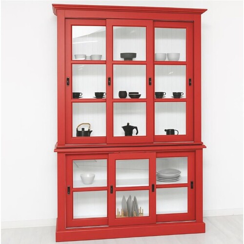 Casa Padrino Landhausstil Vitrine mit 6 Schiebet�ren Rot / Wei� 151 x 47 x H. 220 cm
