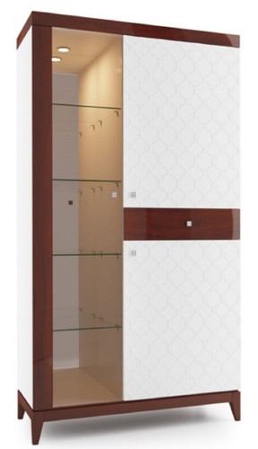Casa Padrino Luxus Vitrinenschrank Wei� / Hochglanz Braun 111,2 x 45 x H. 205 cm - Beleuchteter Wohnzimmerschrank mit 2 T�ren und Schublade - Wohnzimmerm�bel