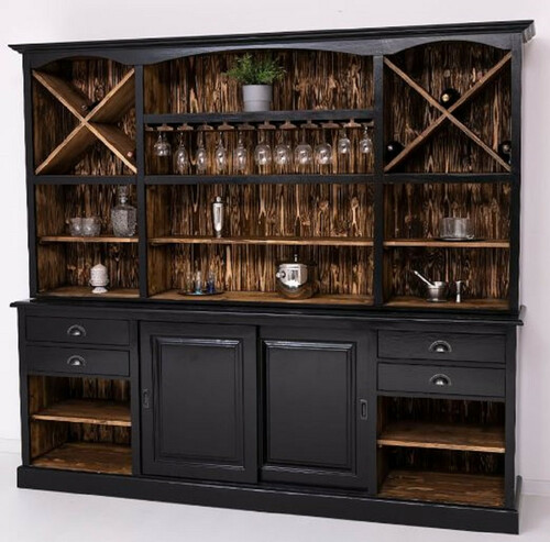 Casa Padrino Landhausstil Barschrank Schwarz / Dunkelbraun 240 x 50 x H. 210 cm - Massivholz Weinschrank im Landhausstil - Landhausstil Bar M�bel