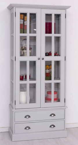 Casa Padrino Landhausstil Vitrine Hellgrau 91 x 47 x H. 200 cm - Massivholz Vitrinenschrank mit 2 T�ren und 2 Schubladen - Landhausstil M�bel - Massivholz M�bel - Esszimmer M�bel