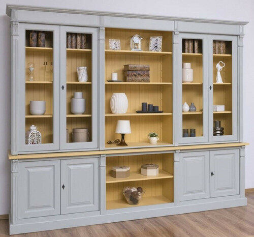 Casa Padrino Landhausstil Wohnzimmerschrank Grau / Gelb 286 x 51 x H. 228 cm - Massivholz Schrank - B�cherschrank - Regalschrank - Landhausstil M�bel