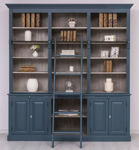 Casa Padrino Landhausstil B�cherschrank mit Leiter Blau / Grau 229 x 51 x H. 244 cm - Massivholz Schrank - Wohnzimmerschrank - Regalschrank - B�roschrank - Landhausstil M�bel