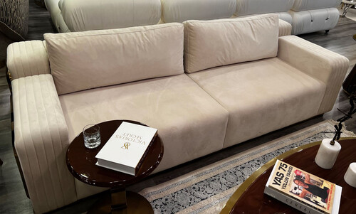 Casa Padrino Luxus Sofa Creme / Braun / Gold 247 x 100 x H. 70 cm - Wohnzimmer Sofa - Hotel Sofa - Wohnzimmer M�bel - Hotel M�bel - Luxus M�bel - Luxus Einrichtung - Wohnzimmer Einrichtung