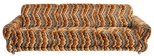 Casa Padrino Luxus 70er Jahre Design Sofa Beige / Braun / Schwarz 228 x 93 x H. 70 cm - Retro Wohnzimmer Sofa mit Rollen - 70er Jahre Design Wohnzimmer M�bel