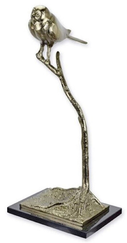 Casa Padrino Luxus Aluminium Deko Skulptur Vogel auf Ast Silber / Schwarz 25,8 x 25,5 x H. 54,8 cm - Aluminium Deko Figur mit Marmorsockel - Wohnzimmer Deko - Schreibtisch Deko