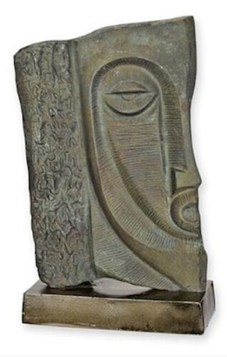 Casa Padrino Luxus Aluminium Deko Skulptur Gesicht Antik Grau / Grau / Messing 26 x 10,3 x H. 39,6 cm - Abstrakte Aluminium Deko Figur - Wohnzimmer Deko - Schreibtisch Deko