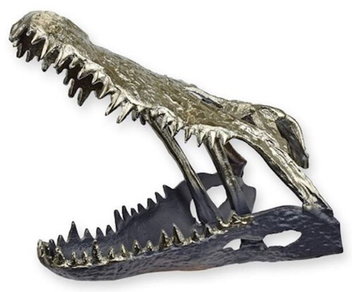Casa Padrino Luxus Aluminium Deko Skulptur Krokodil Sch�del Silber / Schwarz 36 x 24,2 x H. 30 cm - Aluminium Deko Figur - Wohnzimmer Deko - Schreibtisch Deko