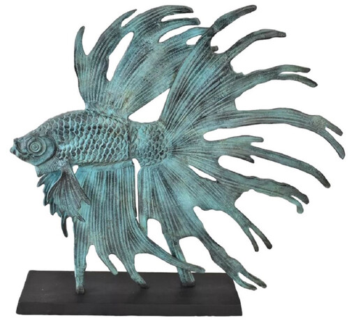 Casa Padrino Luxus Aluminium Deko Skulptur siamesischer Kampffisch T�rkis / Schwarz 55 x 11,5 x H. 52,5 cm - Aluminium Deko Figur mit Holzsockel - Wohnzimmer Deko - Schreibtisch Deko