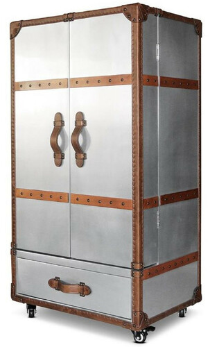 Casa Padrino Luxus Weinschrank Silber / Braun 63 x 52 x H. 130 cm - Aluminium Kofferschrank mit Echtleder - Barschrank im Koffer Design - Luxus Bar M�bel