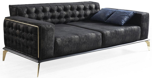 Casa Padrino Luxus Art Deco Chesterfield Sofa Schwarz / Grau / Messingfarben 236 x 99 x H. 86 cm - Edles Wohnzimmer Sofa mit dekorativen Kissen - Luxus Qualit�t