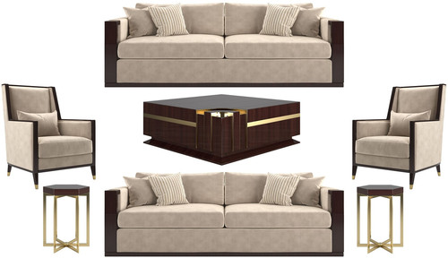 Casa Padrino Luxus Art Deco Wohnzimmer Set Beige / Dunkelbraun Hochglanz / Gold - 2 Sofas & 2 Sessel & 1 Couchtisch & 2 Beistelltische - Edle Wohnzimmer M�bel - Luxus Qualit�t