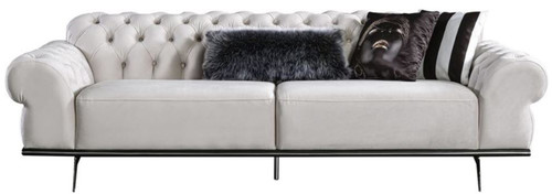 Casa Padrino Luxus Art Deco Chesterfield Wohnzimmer Sofa Cremefarben / Silber 240 x 95 x H. 63 cm - Luxus Wohnzimmer M�bel