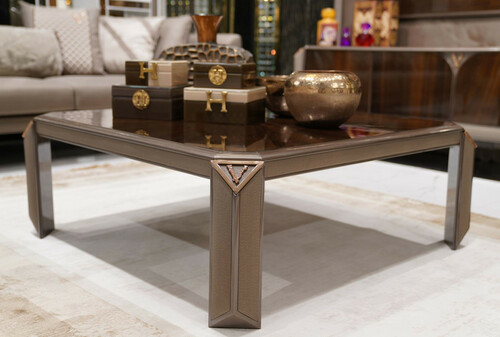 Casa Padrino Luxus Couchtisch Dunkelbraun / Grau / Kupfer - Quadratischer Wohnzimmertisch - Wohnzimmer M�bel - Luxus M�bel - Luxus Einrichtung - Wohnzimmer Einrichtung - Luxus Qualit�t