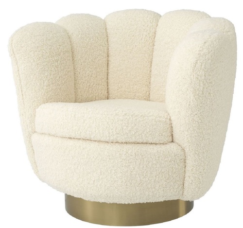 Casa Padrino Luxus Drehsessel Wei� / Messingfarben 95 x 83 x H. 83 cm - Wohnzimmer Sessel mit k�nstlichem Lammfell - Luxus M�bel