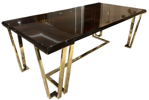 Casa Padrino Luxus Art Deco Esstisch Dunkelbraun / Gold 220 x 110 x H. 77 cm - Edler Esszimmertisch mit Glasplatte - Art Deco Esszimmer M�bel