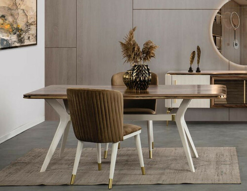 Casa Padrino Luxus Art Deco Esszimmer Set Braun / Wei� / Gold - 1 Esszimmertisch & 6 Esszimmerst�hle - Art Deco Esszimmer M�bel