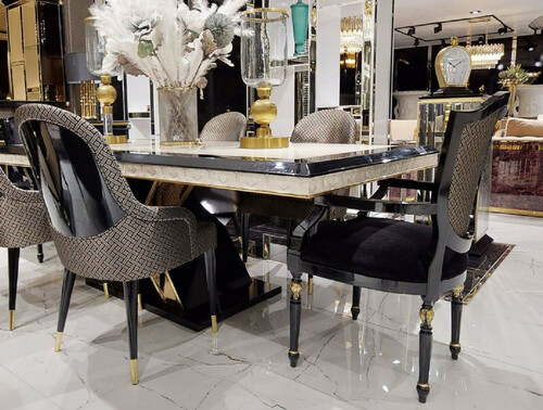 Casa Padrino Luxus Art Deco Esszimmer Stuhl Set Schwarz / Gold - K�chen St�hle 6er Set - Luxus Art Deco Esszimmer M�bel