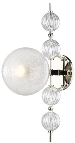 Casa Padrino Luxus Wandleuchte Silber 19 x 29 x H. 56 cm - Moderne Metall Wandlampe mit geriffelten spiralf�rmigen Hohlglaskugeln und kugelf�rmigem Glas Lampenschirm