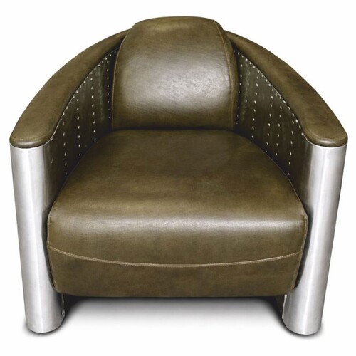 Casa Padrino Luxus Art Deco Leder Sessel Vintage Gr�n / Silber - Aluminium M�bel