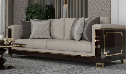 Casa Padrino Luxus Art Deco Sofa Hellgrau / Dunkelbraun Hochglanz / Gold - Handgefertigtes Massivholz Wohnzimmer Sofa mit edlem Samtsoff - Luxus Qualit�t - Art Deco M�bel