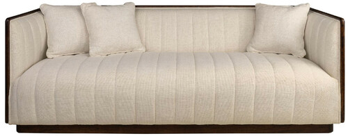 Casa Padrino Luxus Sofa Beige / Dunkelbraun 202 x 82,5 x H. 75,5 cm - Wohnzimmer Sofa mit edlem Mindiholz und Sesam Stoff - Wohnzimmer M�bel - Luxus Qualit�t