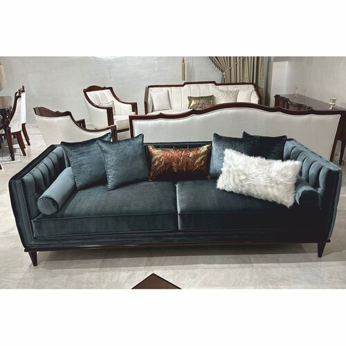 Casa Padrino Luxus Art Deco Samt Sofa Dunkelgr�n / Dunkelbraun 235 cm - Wohnzimmer M�bel