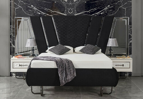 Casa Padrino Luxus Art Deco Schlafzimmer Set Schwarz / Wei� / Bronze - 1 Doppelbett mit Kopfteil & 2 Nachtkommoden - Art Deco Schlafzimmer M�bel - Luxus Schlafzimmer M�bel - Luxus Einrichtung