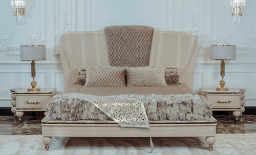 Casa Padrino Luxus Art Deco Schlafzimmer Set Beige / Grau / Gold - 1 Doppelbett mit Kopfteil & 2 Nachttische - Art Deco Schlafzimmer & Hotel M�bel - Luxus Kollektion