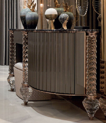 Casa Padrino Luxus Art Deco Schminkkommode Schwarz / Grau / Kupfer 188 x 60 x H. 89 cm - Schminktisch mit Kunstmarmor Platte - Art Deco Schlafzimmer M�bel - Luxus Schlafzimmer M�bel