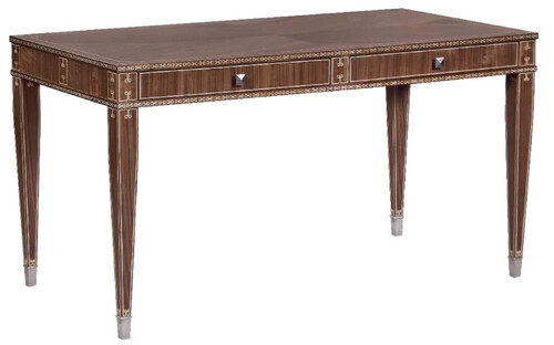 Casa Padrino Luxus Art Deco Schreibtisch mit 2 Schubladen Braun / Silber 141 x 70 x H. 75 cm - Massivholz B�rotisch - B�ro M�bel - Art Deco M�bel - Luxus M�bel