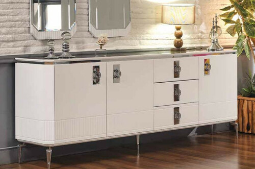 Casa Padrino Luxus Art Deco Sideboard Wei� / Silber 200 x 41 x H. 77 cm - Edler Massivholz Schrank mit 3 T�ren und 3 Schubladen - Art Deco M�bel - Luxus M�bel