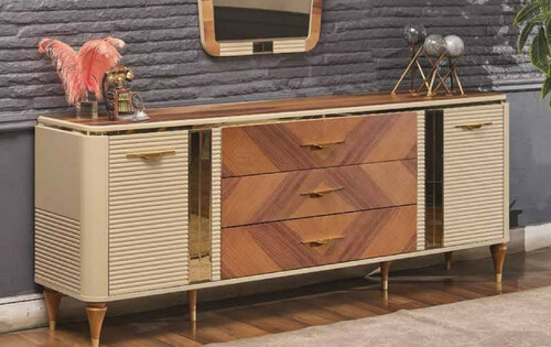 Casa Padrino Luxus Art Deco Sideboard Beige / Braun / Gold 200 x 42 x H. 72 cm - Edler Massivholz Schrank mit 2 T�ren und 3 Schubladen - Art Deco M�bel - Luxus M�bel