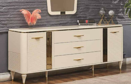 Casa Padrino Luxus Art Deco Sideboard Creme / Gold 200 x 42 x H. 72 cm - Edler Massivholz Schrank mit 2 T�ren und 3 Schubladen - Art Deco M�bel - Luxus M�bel
