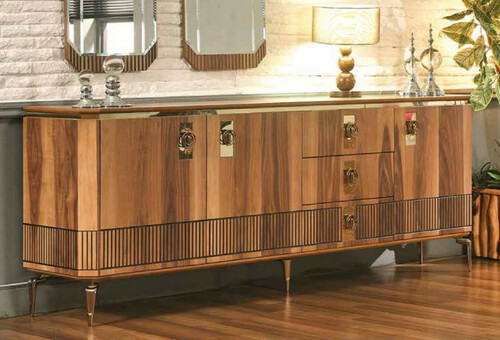 Casa Padrino Luxus Art Deco Sideboard Braun / Gold 200 x 41 x H. 77 cm - Edler Massivholz Schrank mit 3 T�ren und 3 Schubladen - Art Deco M�bel - Luxus M�bel