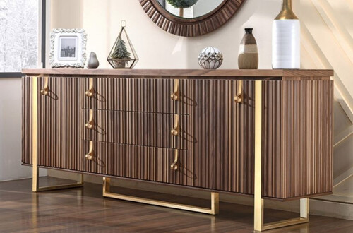 Casa Padrino Luxus Art Deco Sideboard Braun / Gold 200 x 42 x H. 80 cm - Edler Massivholz Schrank mit 2 T�ren und 3 Schubladen - Art Deco M�bel - Luxus M�bel