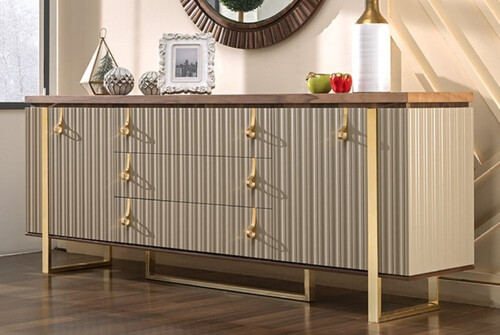 Casa Padrino Luxus Art Deco Sideboard Grau / Braun / Gold 200 x 42 x H. 80 cm - Edler Massivholz Schrank mit 2 T�ren und 3 Schubladen - Art Deco M�bel - Luxus M�bel