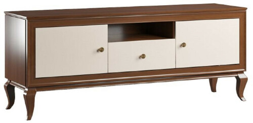 Casa Padrino Luxus Art Deco TV Schrank Dunkelbraun / Cremefarben 156 x 43,5 x H. 67 cm - Massivholz Schrank mit 2 T�ren und Schublade - Art Deco Wohnzimmer M�bel