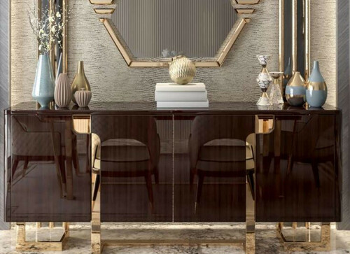 Casa Padrino Luxus Art Deco Sideboard Dunkelbraun / Gold 220 x 55 x H. 90 cm - Edler Schrank mit 4 T�ren - Art Deco Wohnzimmer M�bel