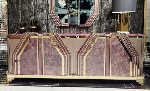 Casa Padrino Luxus Art Deco Sideboard Lila / Grau / Gold - Prunkvoller Massivholz Schrank mit 4 T�ren und Marmoroptik - Luxus Art Deco Wohnzimmer & Hotel M�bel