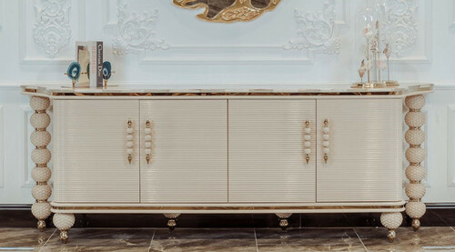 Casa Padrino Luxus Art Deco Sideboard Grau / Wei� / Gold 250 x 55,5 x H. 89 cm - Edler Massivholz Schrank mit 4 T�ren und Kunstmarmor Platte - Art Deco M�bel - Luxus Qualit�t