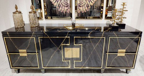 Casa Padrino Luxus Art Deco Sideboard Schwarz / Gold - Edler Massivholz Schrank mit 4 T�ren - Luxus Art Deco Wohnzimmer & Hotel M�bel