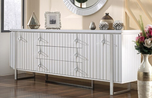 Casa Padrino Luxus Art Deco Sideboard Wei� / Silber 200 x 42 x H. 80 cm - Edler Massivholz Schrank mit 2 T�ren und 3 Schubladen - Art Deco M�bel - Luxus M�bel
