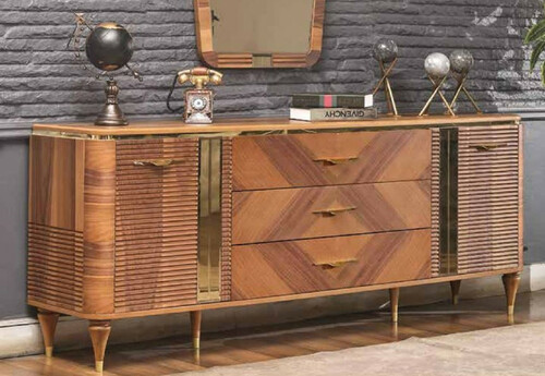 Casa Padrino Luxus Art Deco Sideboard Braun / Gold 200 x 42 x H. 72 cm - Edler Massivholz Schrank mit 2 T�ren und 3 Schubladen - Art Deco M�bel - Luxus M�bel