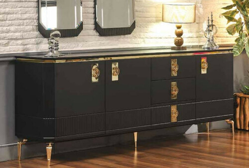 Casa Padrino Luxus Art Deco Sideboard Schwarz / Gold 200 x 41 x H. 77 cm - Edler Massivholz Schrank mit 3 T�ren und 3 Schubladen - Art Deco M�bel - Luxus M�bel