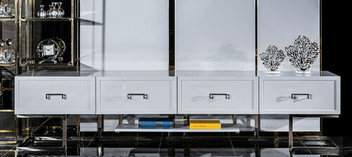 Casa Padrino Luxus TV Schrank Wei� / Gold / Silber 260 x 45 x H. 60 cm - Wohnzimmer Sideboard mit 4 Schubladen - Wohnzimmer M�bel - Luxus M�bel - Hotel M�bel