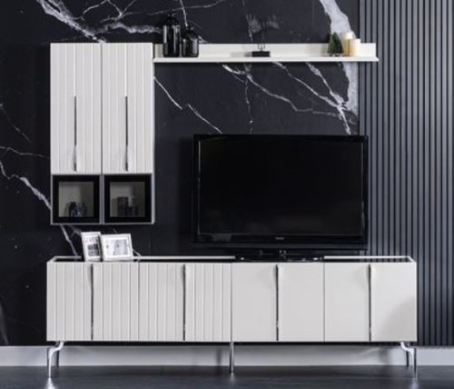 Casa Padrino Luxus Art Deco TV Schrank Wei� / Schwarz / Silber 208 x 44 x H. 64 cm - Edler Wohnzimmer Fernsehschrank mit 4 T�ren - Art Deco M�bel