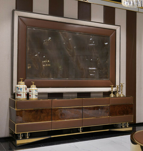 Casa Padrino Luxus TV Schrank Set Braun / Naturfarben / Grau / Gold - Wohnzimmer Sideboard mit 4 T�ren & TV R�ckwand - Wohnzimmer M�bel - Luxus M�bel - Luxus Einrichtung - Wohnzimmer Einrichtung