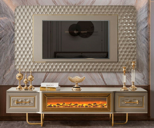 Casa Padrino Luxus Art Deco TV Schrank Set Grau / Gold - Wohnzimmer Sideboard mit LED Elektrokamin & TV R�ckwand - Art Deco M�bel - Wohnzimmer M�bel - Luxus M�bel - Luxus Einrichtung
